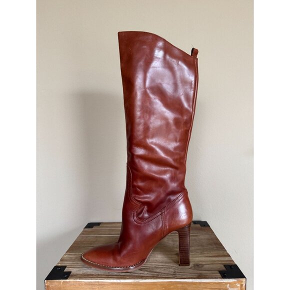 ZARA Brown Genuine Leather Pointy Toe Western Stitch Knee High Boots Size 9 - Picture 8 of 14